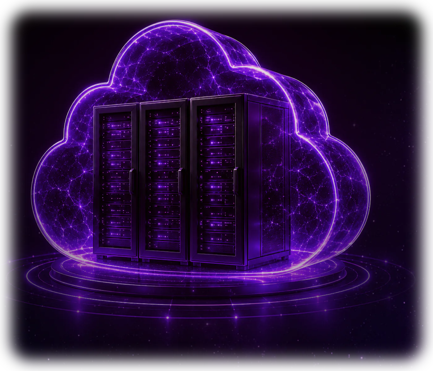A glowing wireframe cloud enclosing a cluster of server racks, hovering over a luminous ring platform